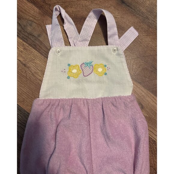 VTG Baby Purple Terrycloth Romper W  Strawberry & Flowers & Gingham Straps - Picture 2 of 9